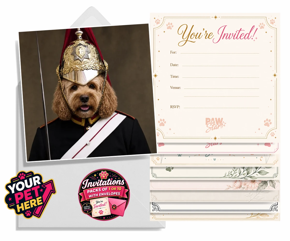 Personalised Royal Paw Cavalry dog invitations featuring meet the Royal Paw Cavalry, where your beloved dog transforms into the