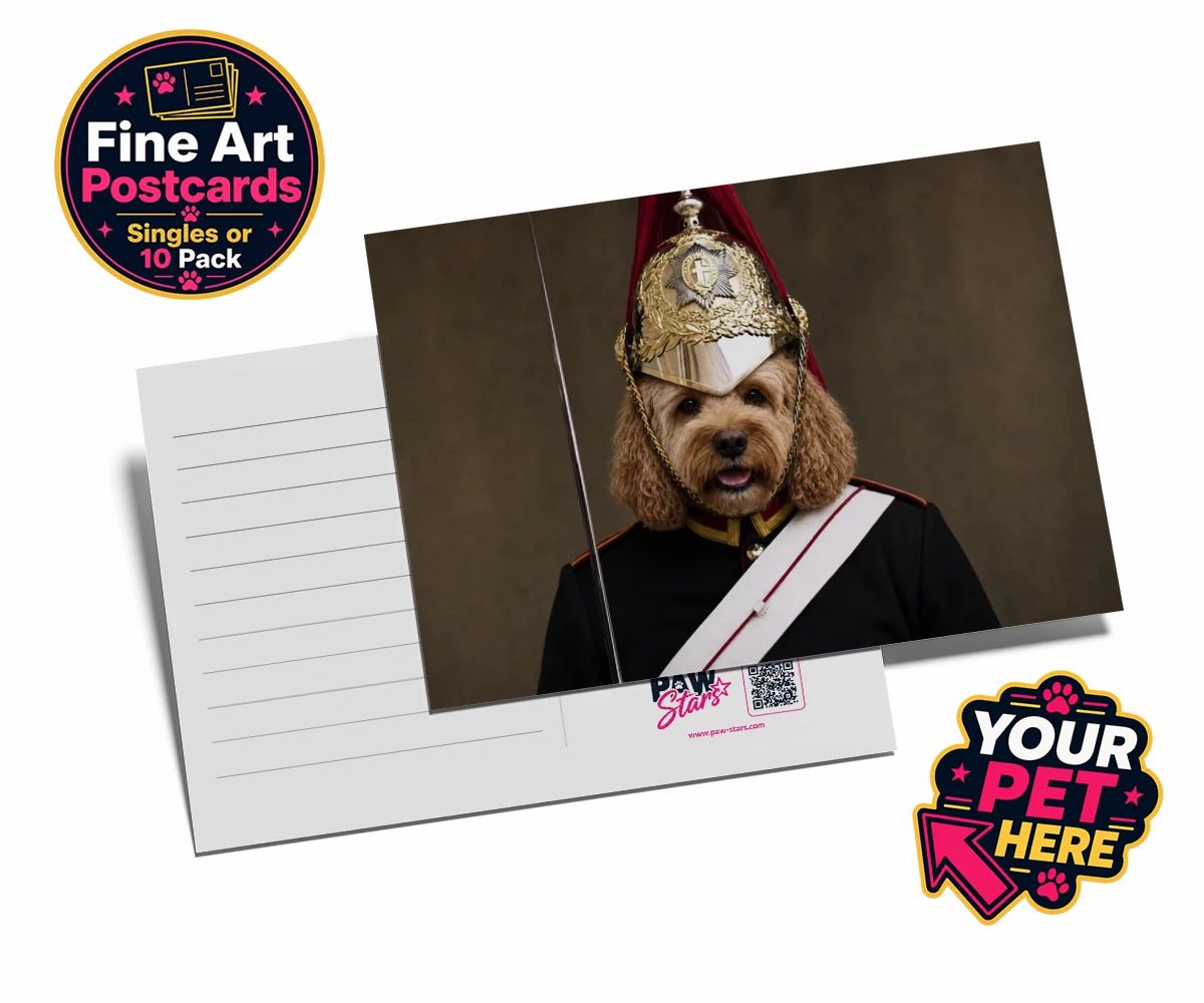 Personalised Royal Paw Cavalry dog postcards featuring meet the Royal Paw Cavalry, where your beloved dog transforms into the