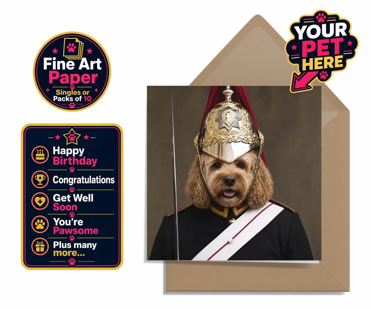 Personalised Royal Paw Cavalry dog premium greetings cards featuring meet the Royal Paw Cavalry, where your beloved dog transforms into the