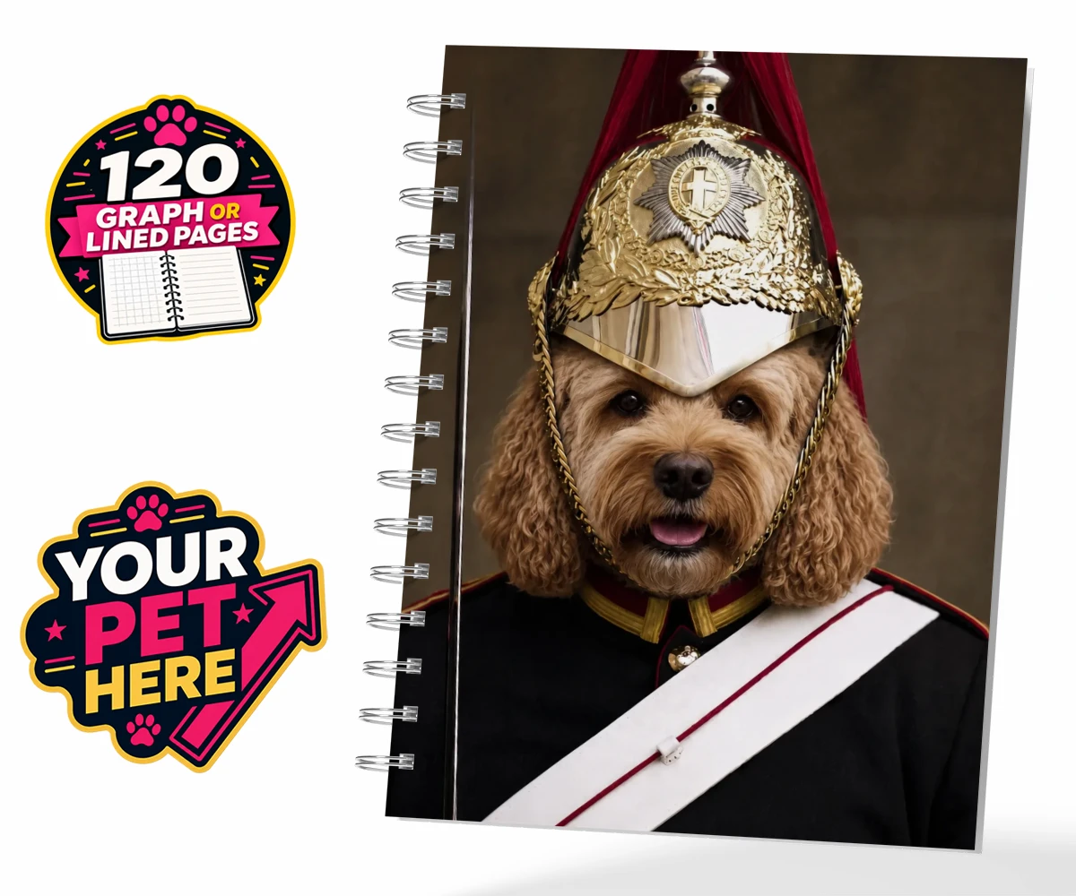 Personalised Royal Paw Cavalry dog spiral notebook featuring meet the Royal Paw Cavalry, where your beloved dog transforms into the