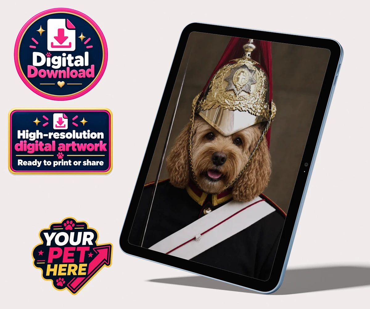Personalised Royal Paw Cavalry dog personalised digital downloads featuring meet the Royal Paw Cavalry, where your beloved dog transforms into the