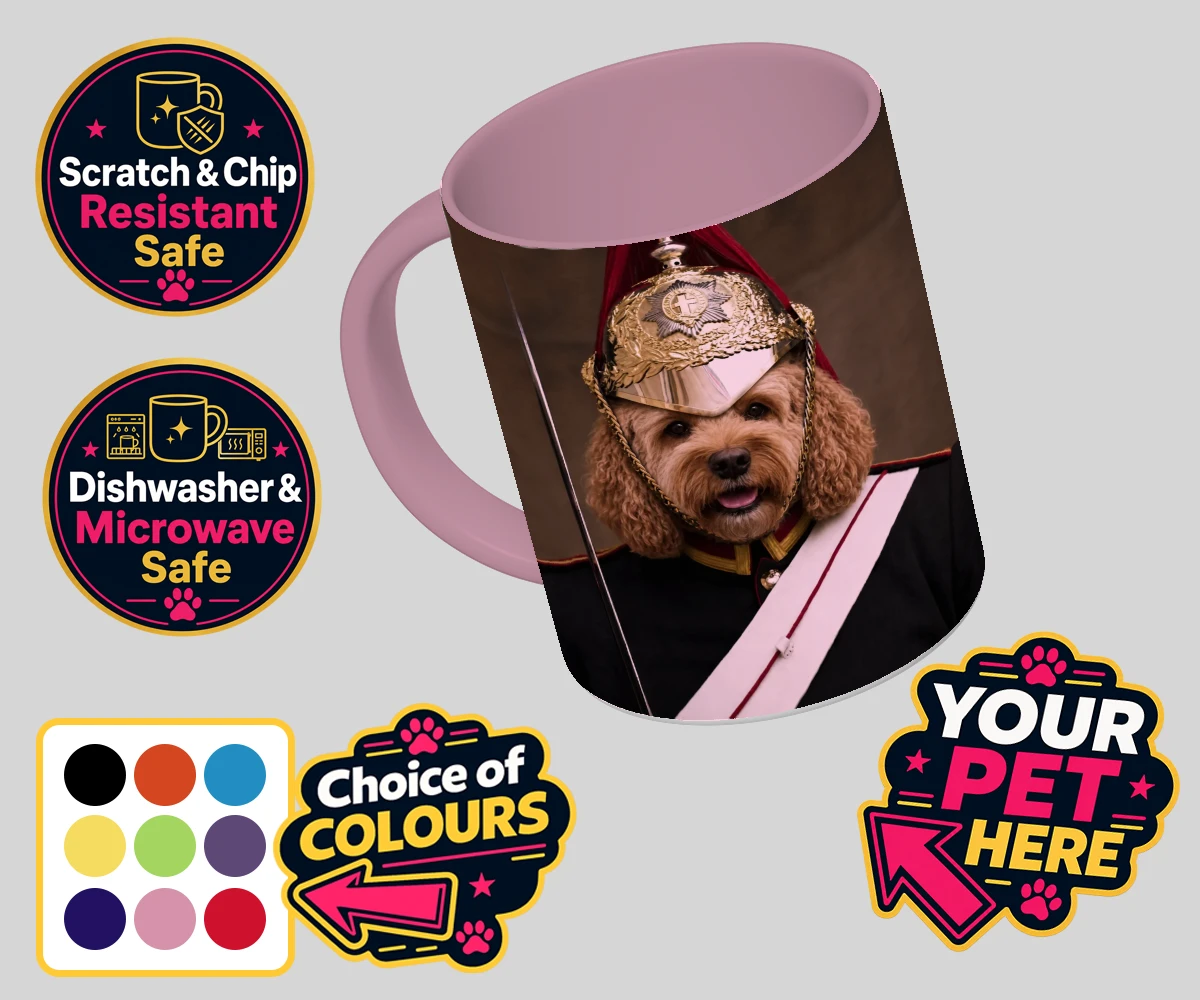 Personalised Royal Paw Cavalry dog coloured photo mugs featuring meet the Royal Paw Cavalry, where your beloved dog transforms into the