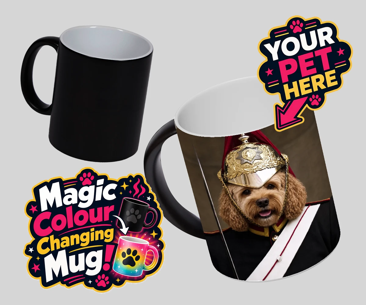 Personalised Royal Paw Cavalry dog magic photo mugs featuring meet the Royal Paw Cavalry, where your beloved dog transforms into the
