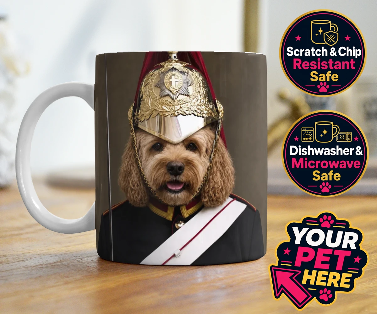 Personalised Royal Paw Cavalry dog photo mugs featuring meet the Royal Paw Cavalry, where your beloved dog transforms into the