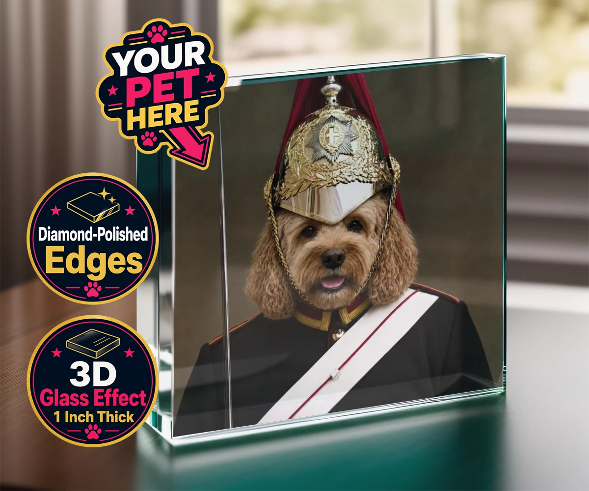 Personalised Royal Paw Cavalry dog acrylic prisms featuring meet the Royal Paw Cavalry, where your beloved dog transforms into the