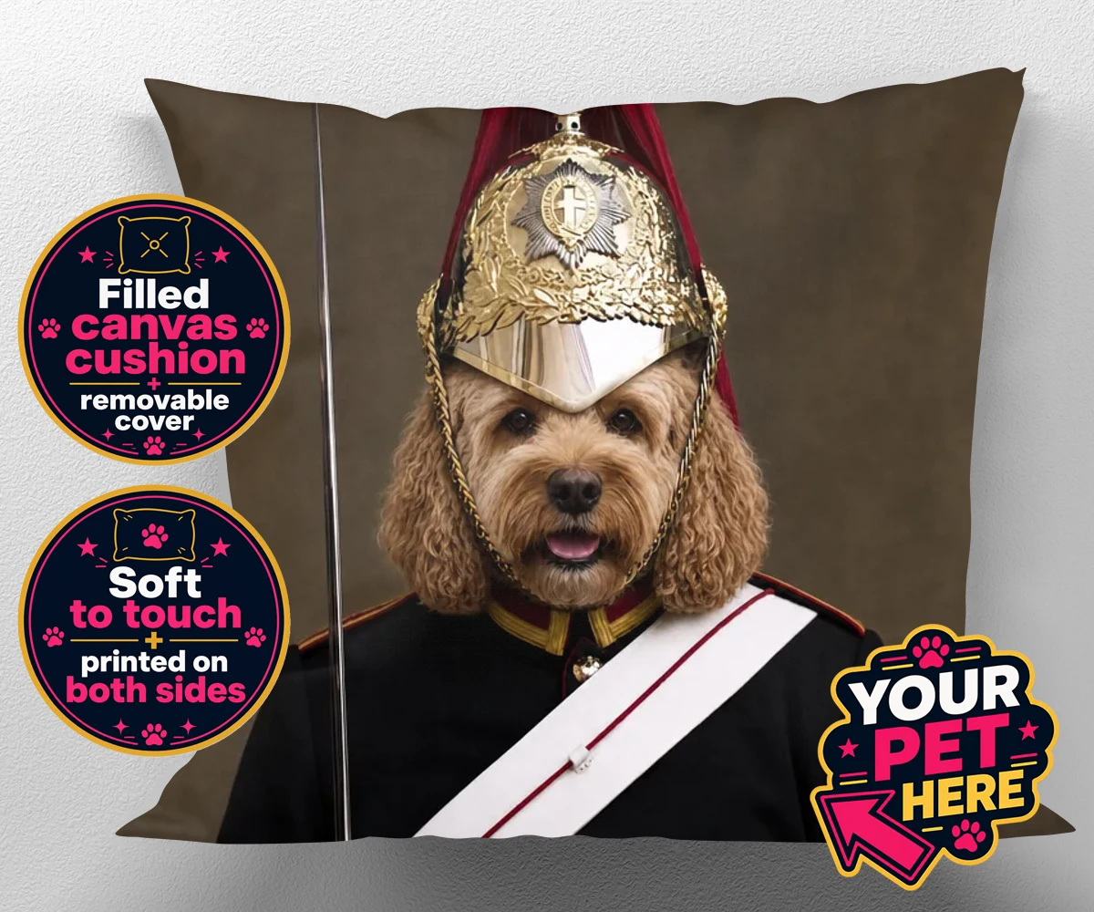 Personalised Royal Paw Cavalry dog canvas cushions featuring meet the Royal Paw Cavalry, where your beloved dog transforms into the