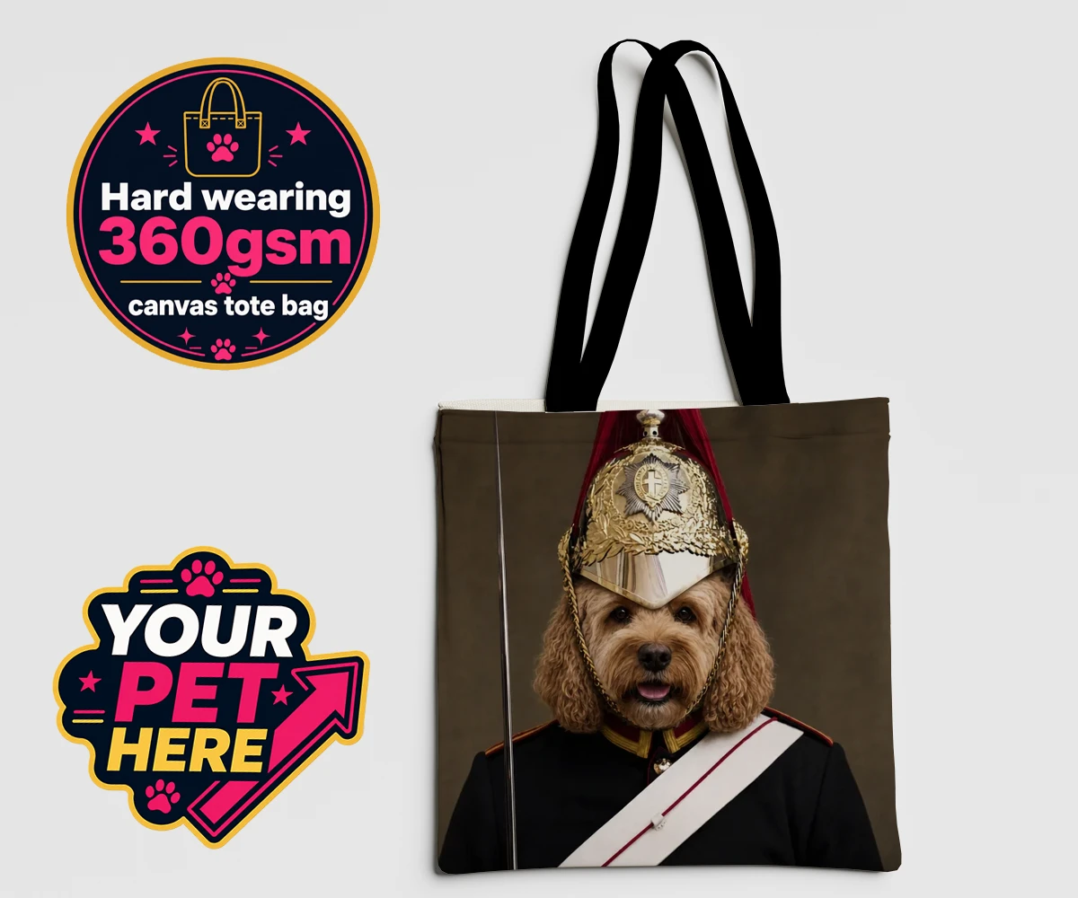 Personalised Royal Paw Cavalry dog canvas tote bags featuring meet the Royal Paw Cavalry, where your beloved dog transforms into the