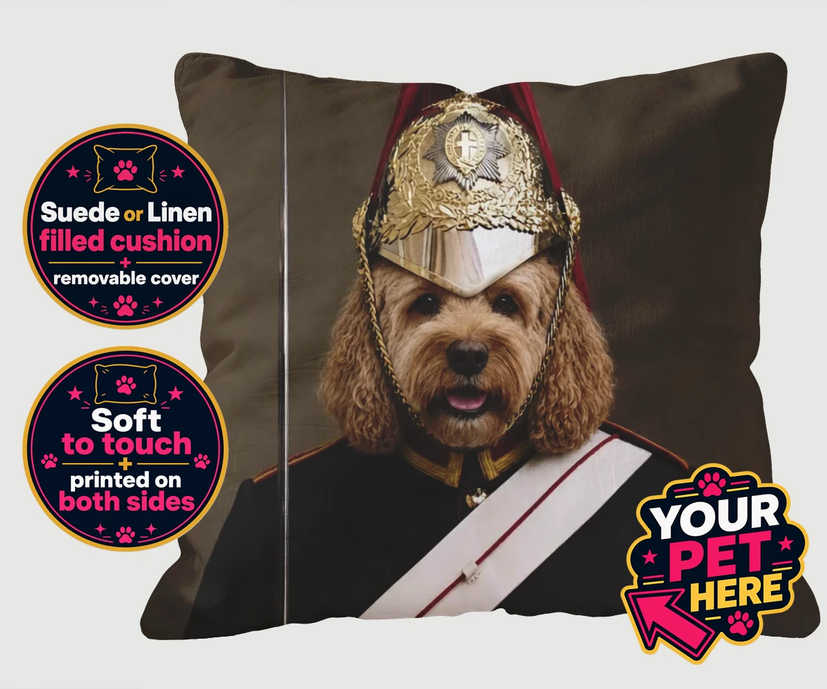 Personalised Royal Paw Cavalry dog cushions featuring meet the Royal Paw Cavalry, where your beloved dog transforms into the