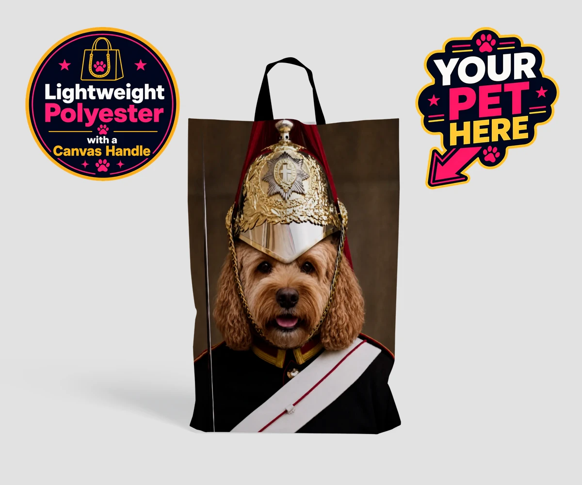 Personalised Royal Paw Cavalry dog shopping bags featuring meet the Royal Paw Cavalry, where your beloved dog transforms into the