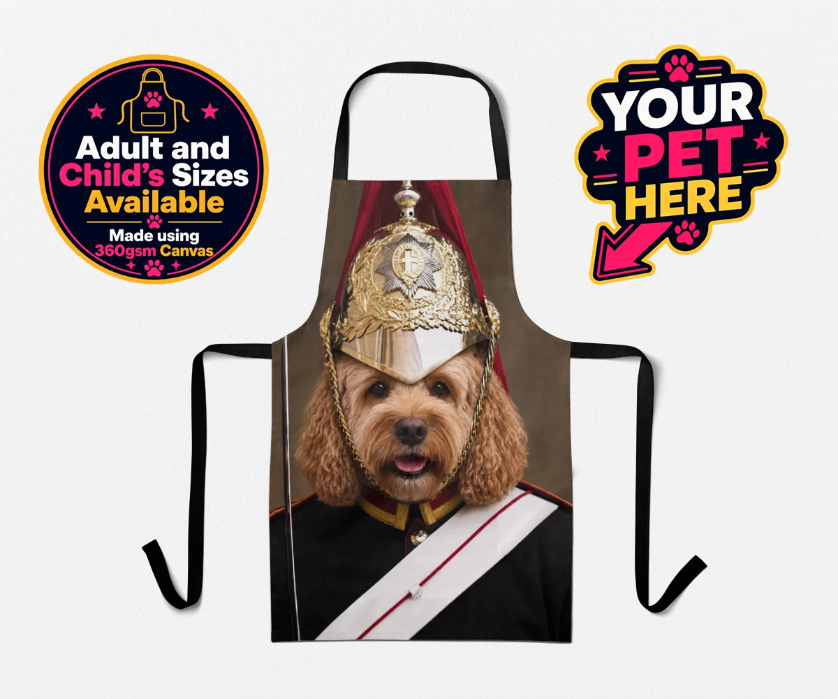 Personalised Royal Paw Cavalry dog aprons featuring meet the Royal Paw Cavalry, where your beloved dog transforms into the