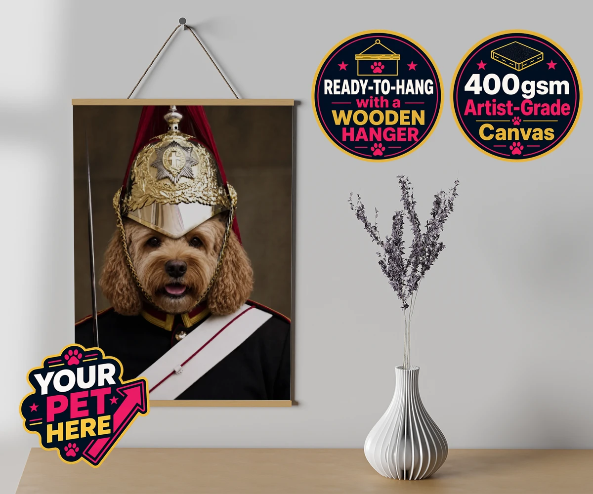 Personalised Royal Paw Cavalry dog canvas poster prints with hanger featuring meet the Royal Paw Cavalry, where your beloved dog transforms into the