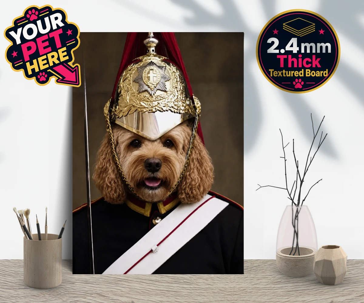 Personalised Royal Paw Cavalry dog gallery boards featuring meet the Royal Paw Cavalry, where your beloved dog transforms into the