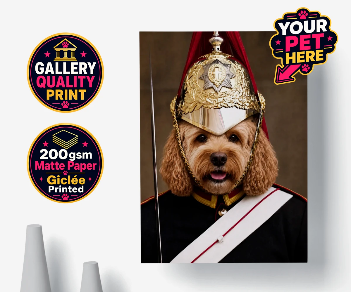 Personalised Royal Paw Cavalry dog poster print featuring a dog in an ornate military costume and dazzling helmet