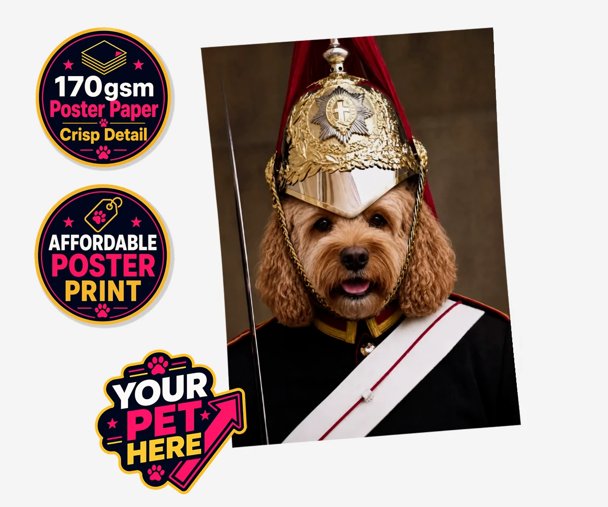 Personalised Royal Paw Cavalry dog standard poster print featuring meet the Royal Paw Cavalry, where your beloved dog transforms into the