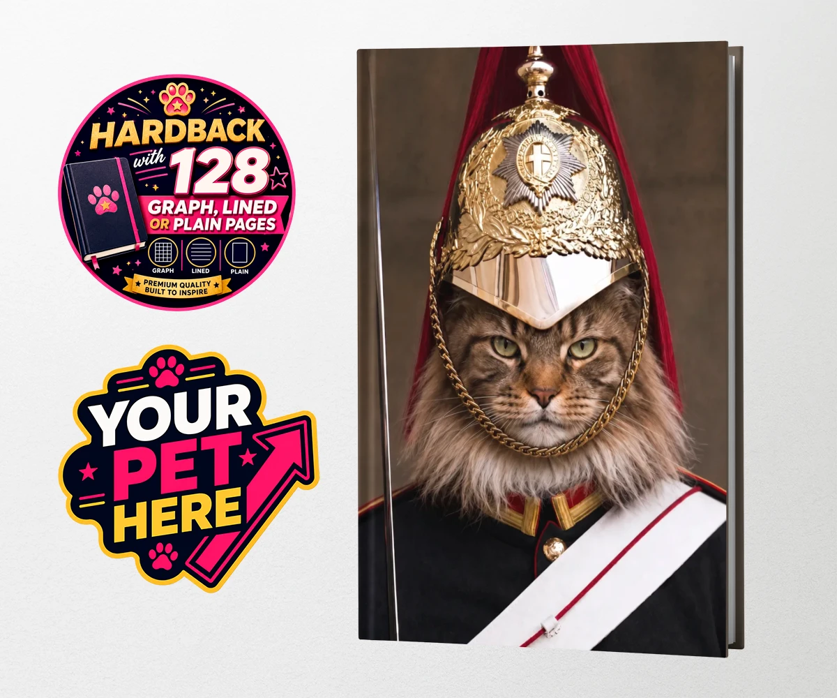 Personalised Royal Paw Cavalry cat hardback notebooks featuring a regal tribute to your beloved feline!
