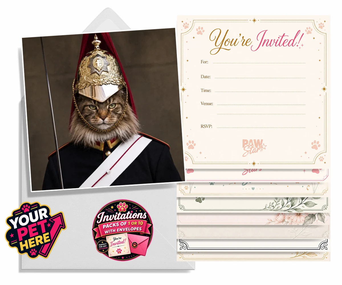 Personalised Royal Paw Cavalry cat invitations featuring a regal tribute to your beloved feline!
