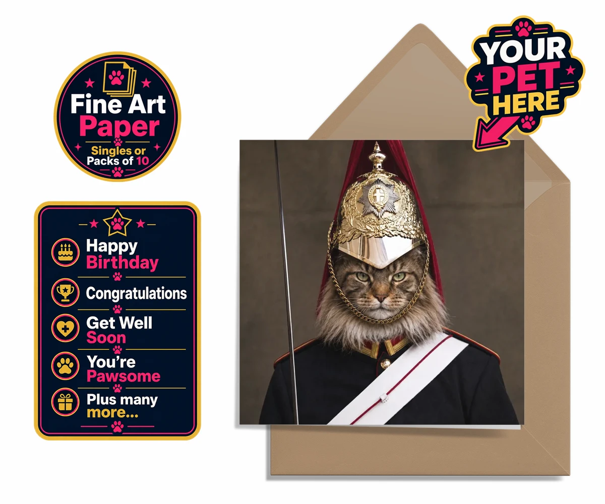 Personalised Royal Paw Cavalry cat premium greetings cards featuring a regal tribute to your beloved feline!
