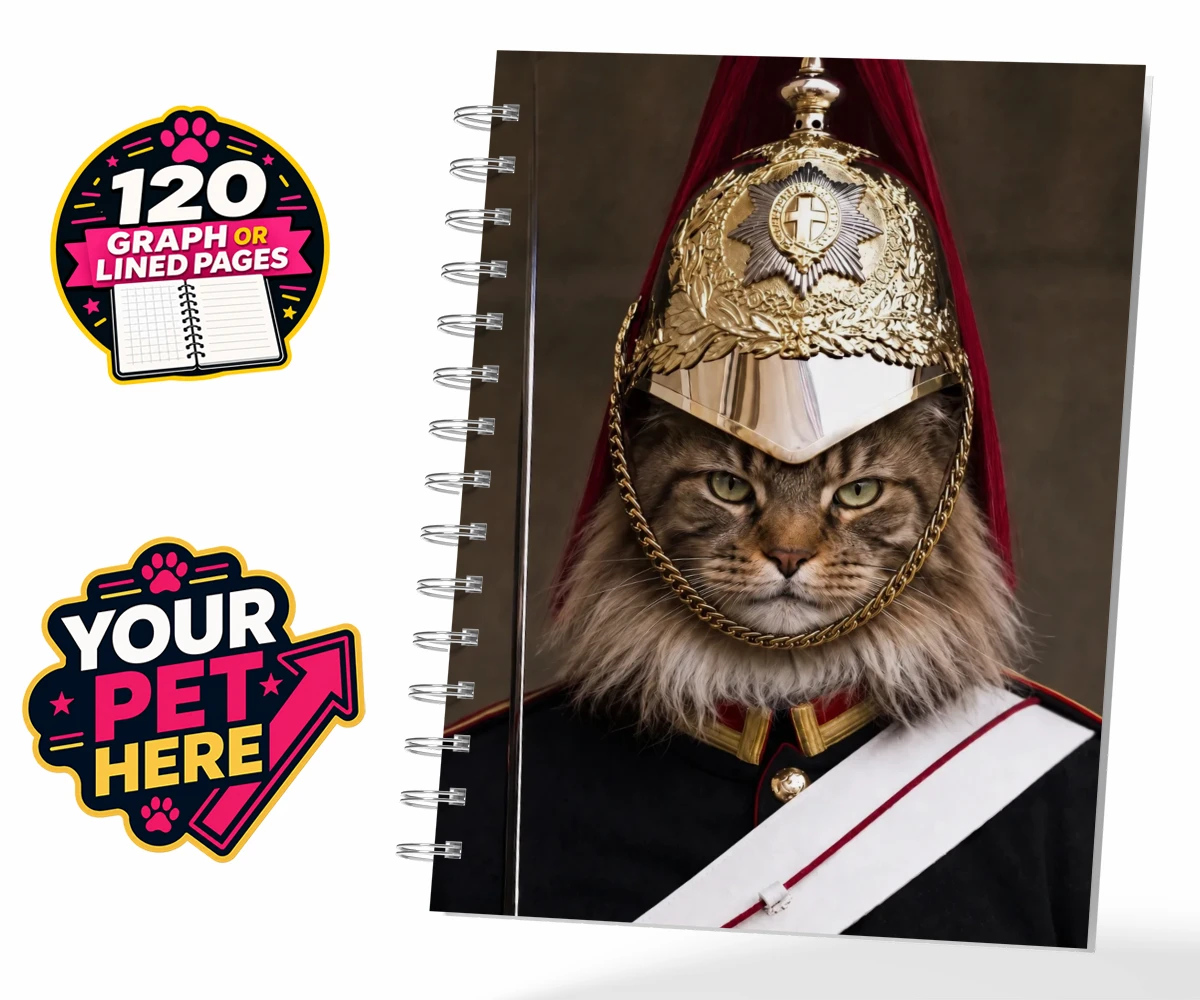 Personalised Royal Paw Cavalry cat spiral notebook featuring a regal tribute to your beloved feline!