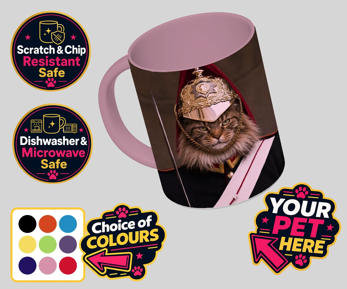 Personalised Royal Paw Cavalry cat coloured photo mugs featuring a regal tribute to your beloved feline!