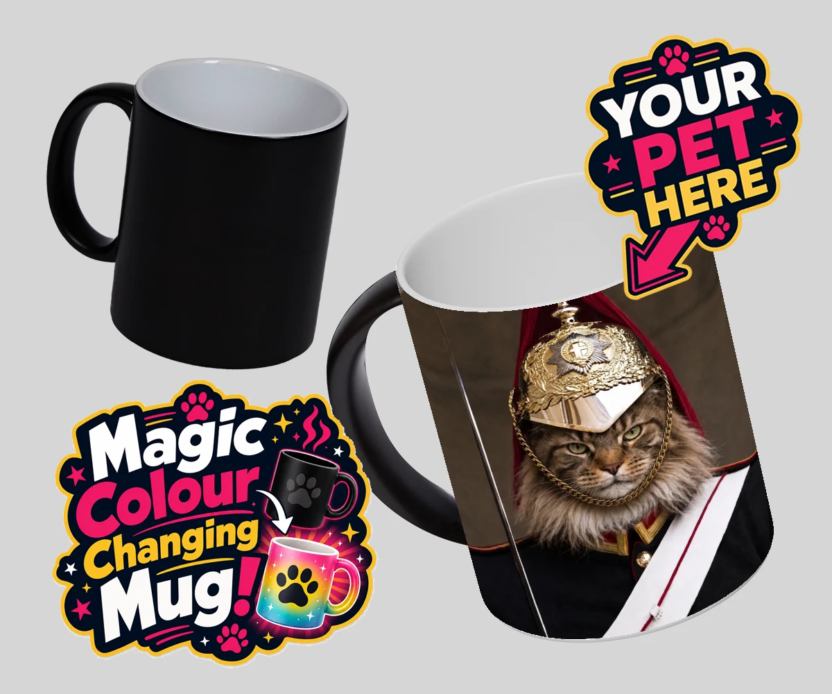 Personalised Royal Paw Cavalry cat magic photo mugs featuring a regal tribute to your beloved feline!