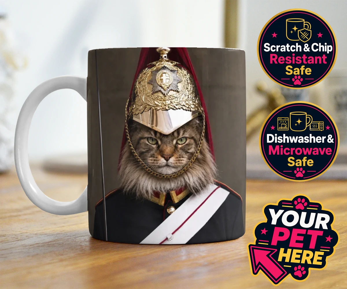 Personalised Royal Paw Cavalry cat photo mugs featuring a regal tribute to your beloved feline!
