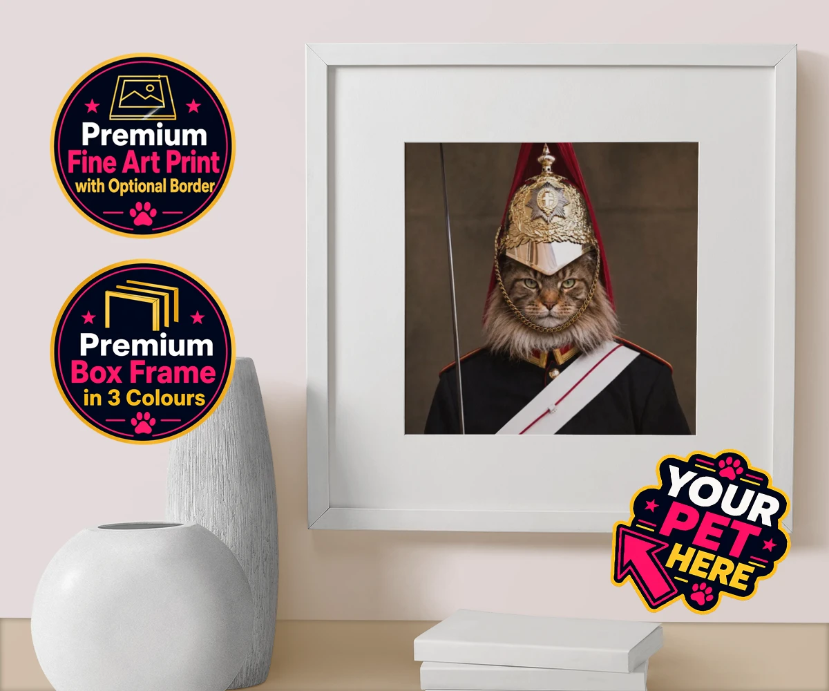 Personalised Royal Paw Cavalry cat box framed print featuring a regal tribute to your beloved feline!