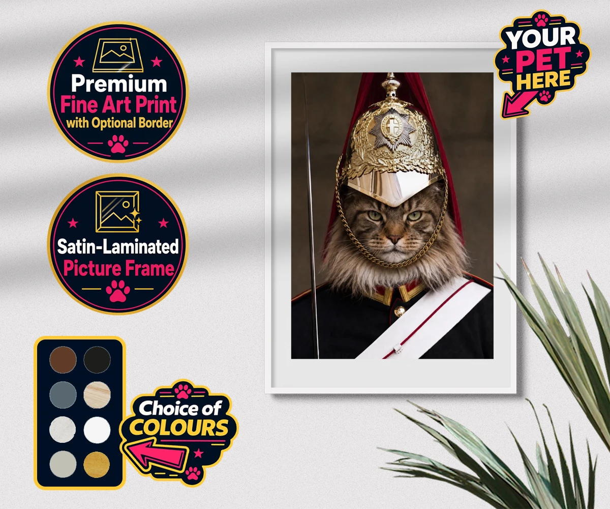 Personalised Royal Paw Cavalry cat premium framed print featuring a regal tribute to your beloved feline!