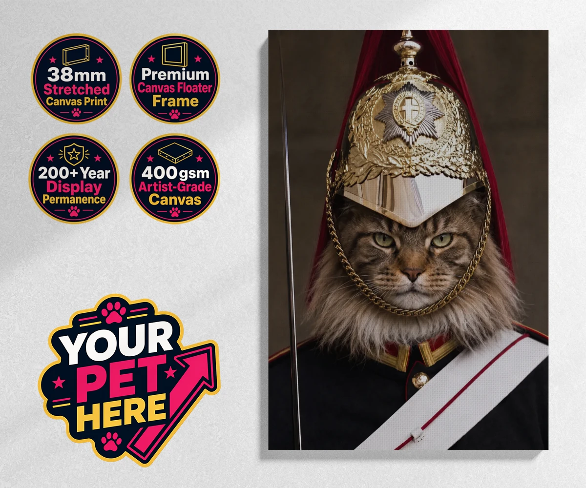 Personalised Royal Paw Cavalry cat stretched canvas print featuring a regal tribute to your beloved feline!