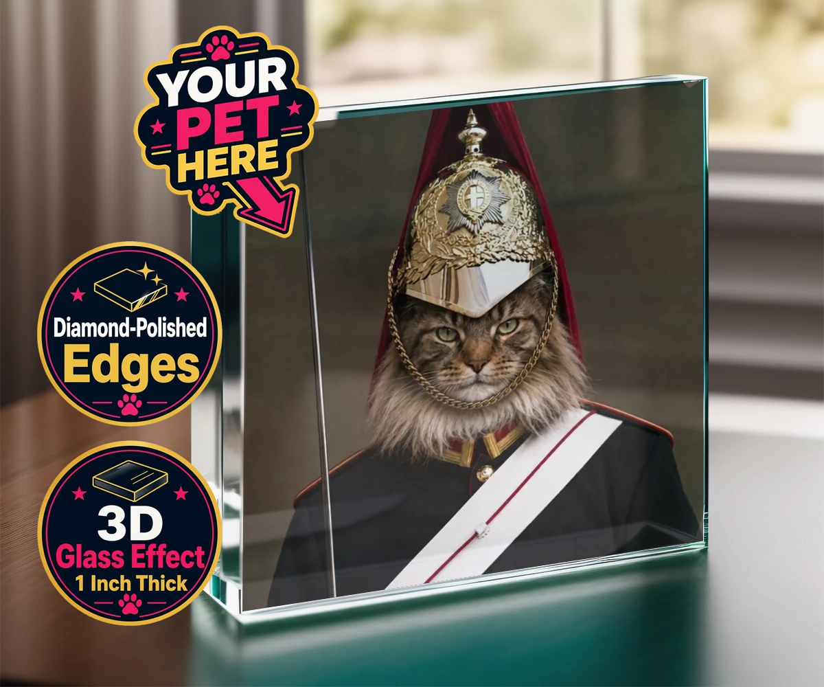Personalised Royal Paw Cavalry cat acrylic prisms featuring a regal tribute to your beloved feline!