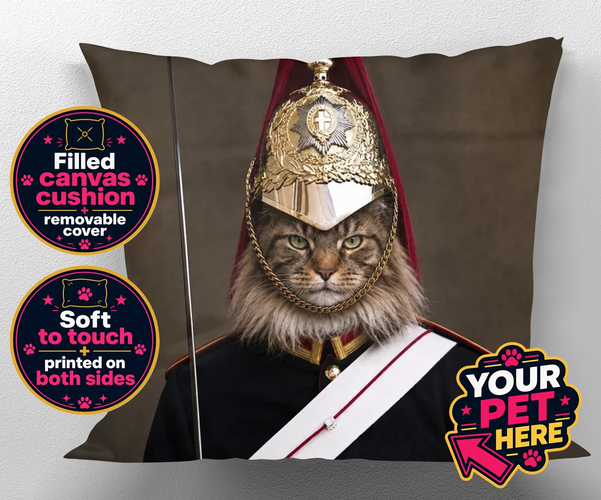 Personalised Royal Paw Cavalry cat canvas cushions featuring a regal tribute to your beloved feline!