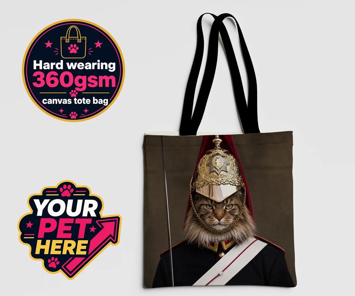 Personalised Royal Paw Cavalry cat canvas tote bags featuring a regal tribute to your beloved feline!