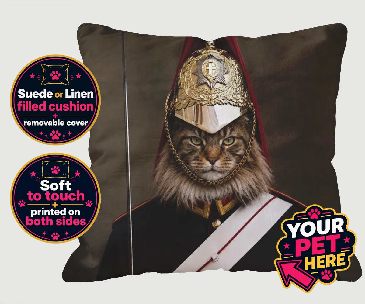 Personalised Royal Paw Cavalry cat cushions featuring a regal tribute to your beloved feline!