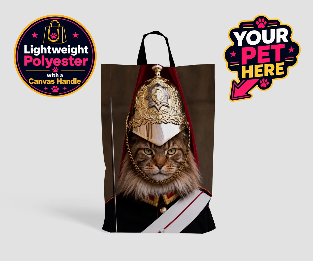 Personalised Royal Paw Cavalry cat shopping bags featuring a regal tribute to your beloved feline!