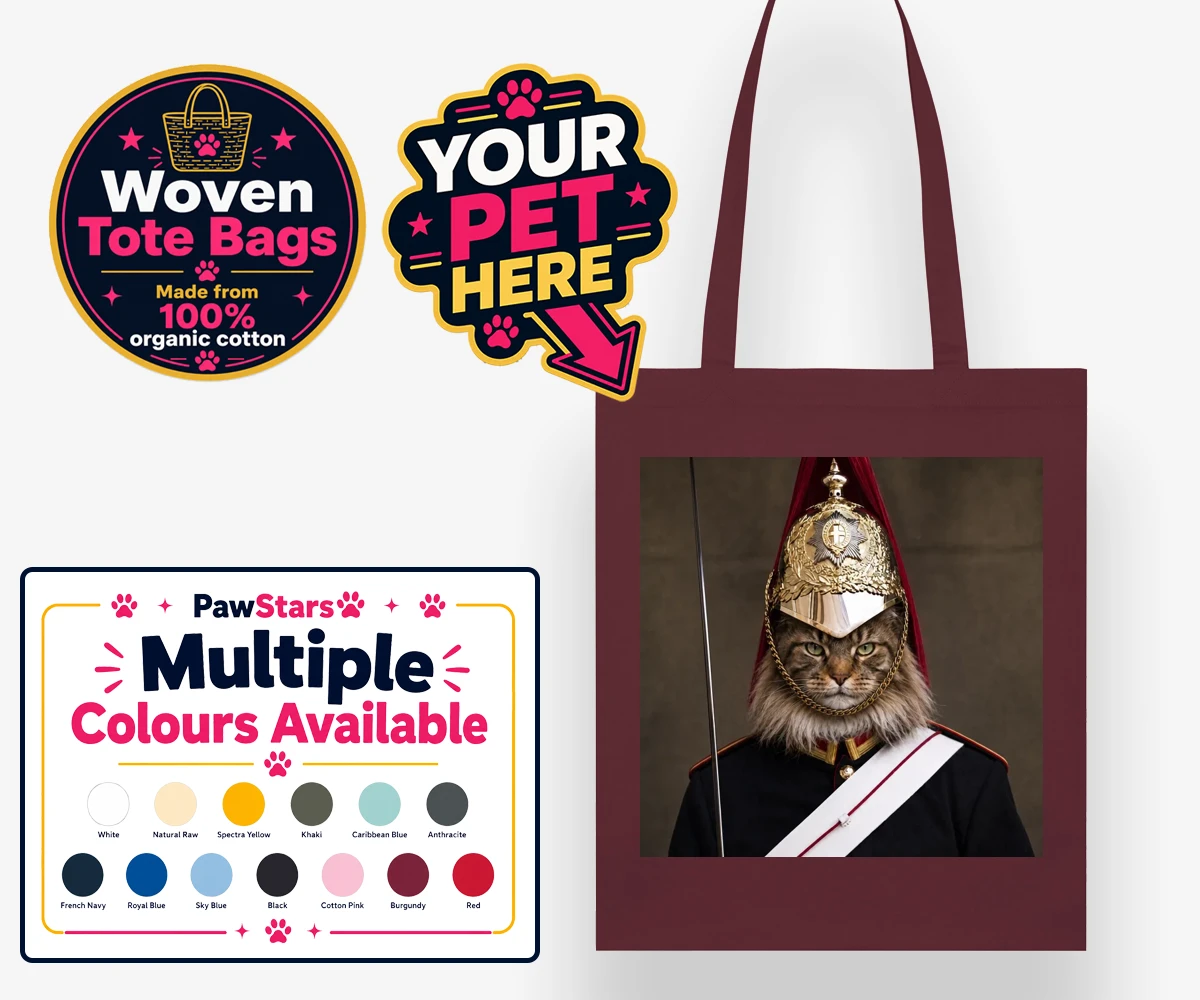 Personalised Royal Paw Cavalry cat woven tote bags featuring a regal tribute to your beloved feline!