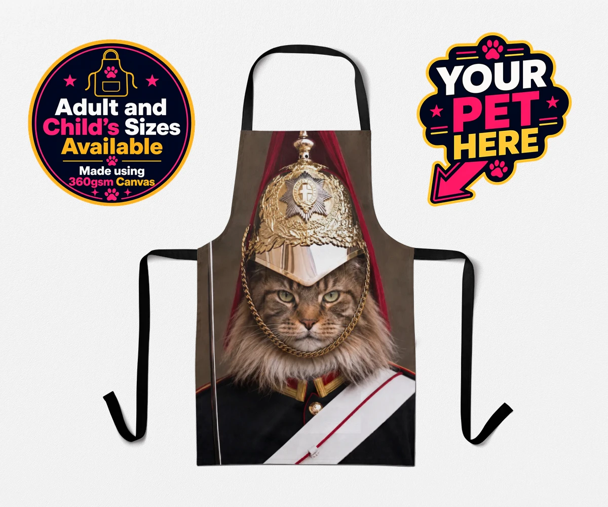 Personalised Royal Paw Cavalry cat aprons featuring a regal tribute to your beloved feline!