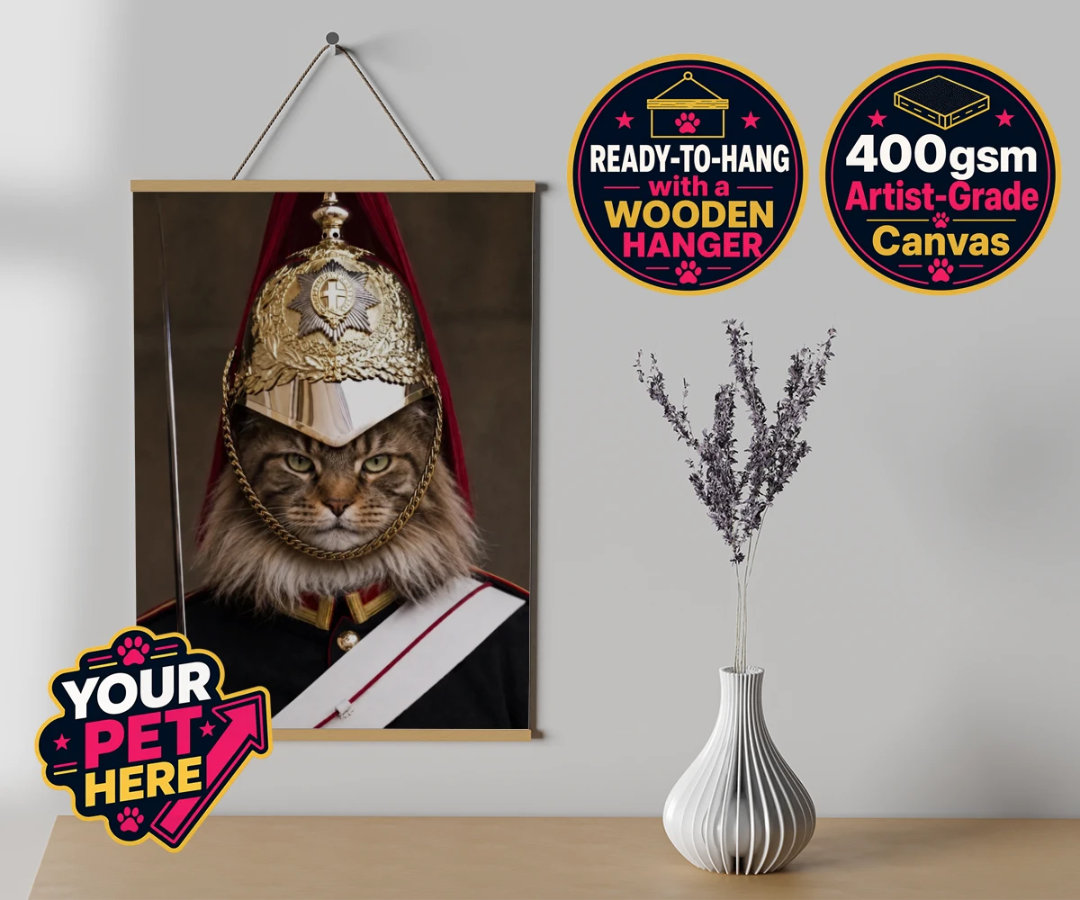 Personalised Royal Paw Cavalry cat canvas poster prints with hanger featuring a regal tribute to your beloved feline!