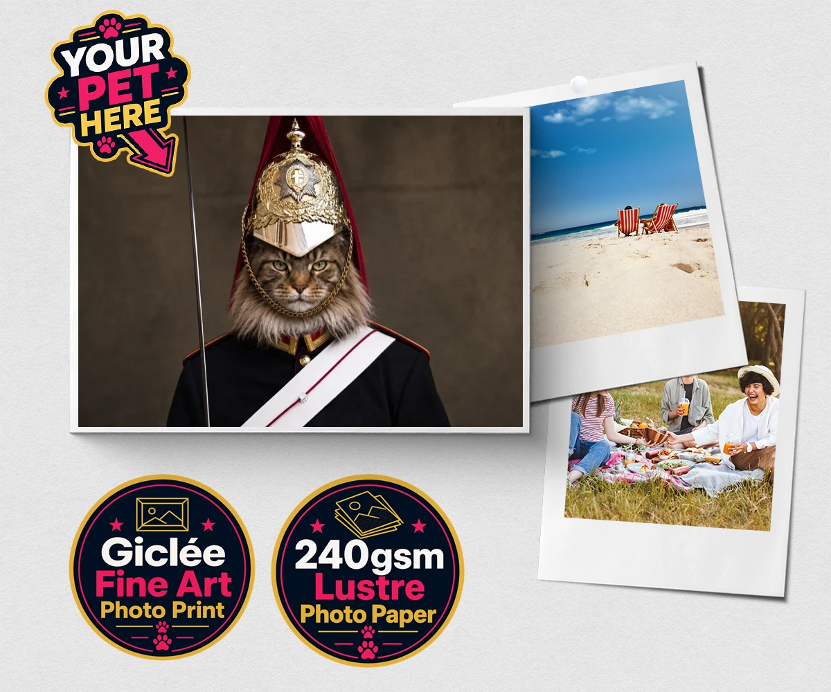 Personalised Royal Paw Cavalry cat premium photo print featuring a regal tribute to your beloved feline!