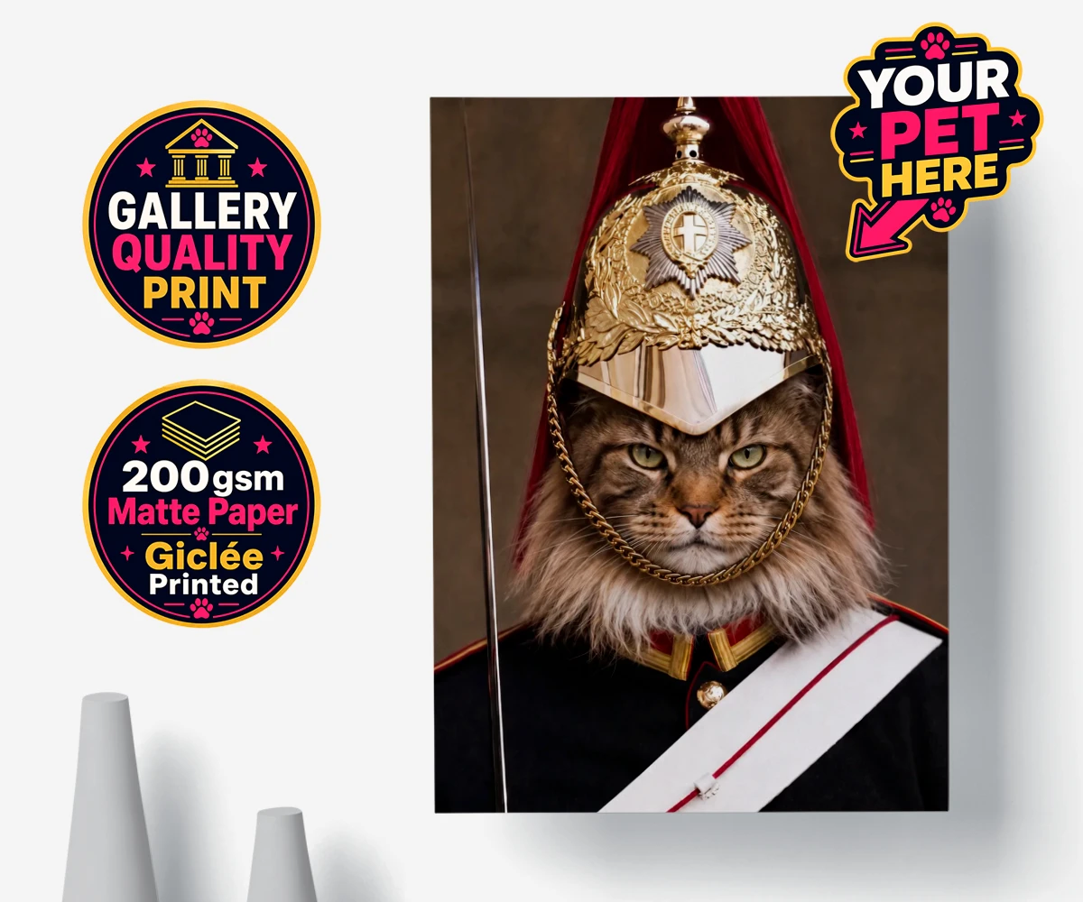 Personalised poster print of Royal Paw Cavalry cat in military tunic and golden helmet