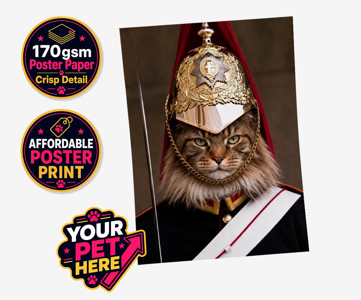 Personalised Royal Paw Cavalry cat standard poster print featuring a regal tribute to your beloved feline!
