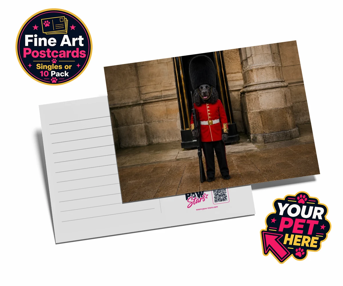 Personalised The Royal Paw Guard dog postcards featuring meet The Royal Paw Guard, a delightful portrait that perfectly capture
