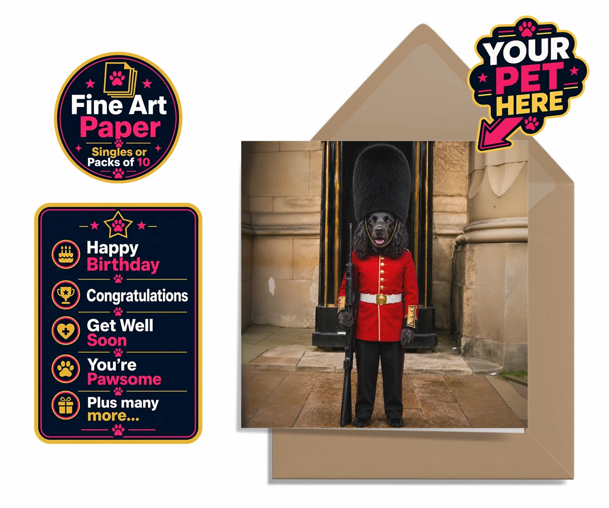 Personalised The Royal Paw Guard dog premium greetings cards featuring meet The Royal Paw Guard, a delightful portrait that perfectly capture