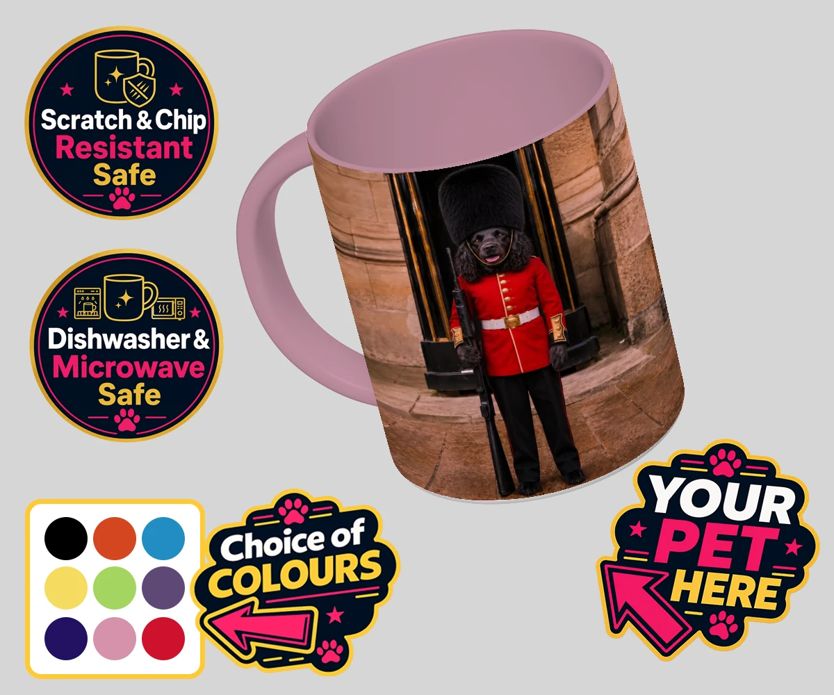 Personalised The Royal Paw Guard dog coloured photo mugs featuring meet The Royal Paw Guard, a delightful portrait that perfectly capture
