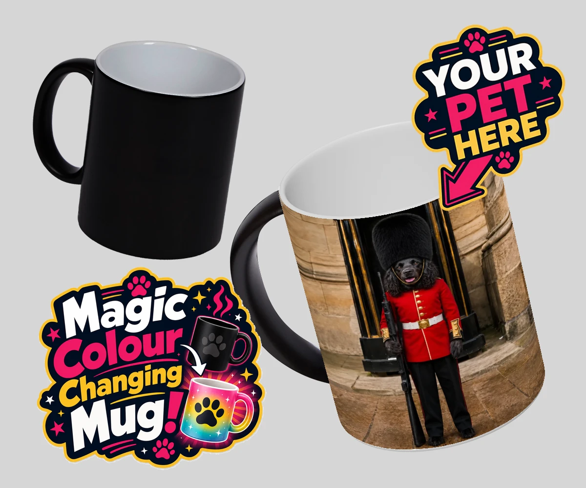 Personalised The Royal Paw Guard dog magic photo mugs featuring meet The Royal Paw Guard, a delightful portrait that perfectly capture