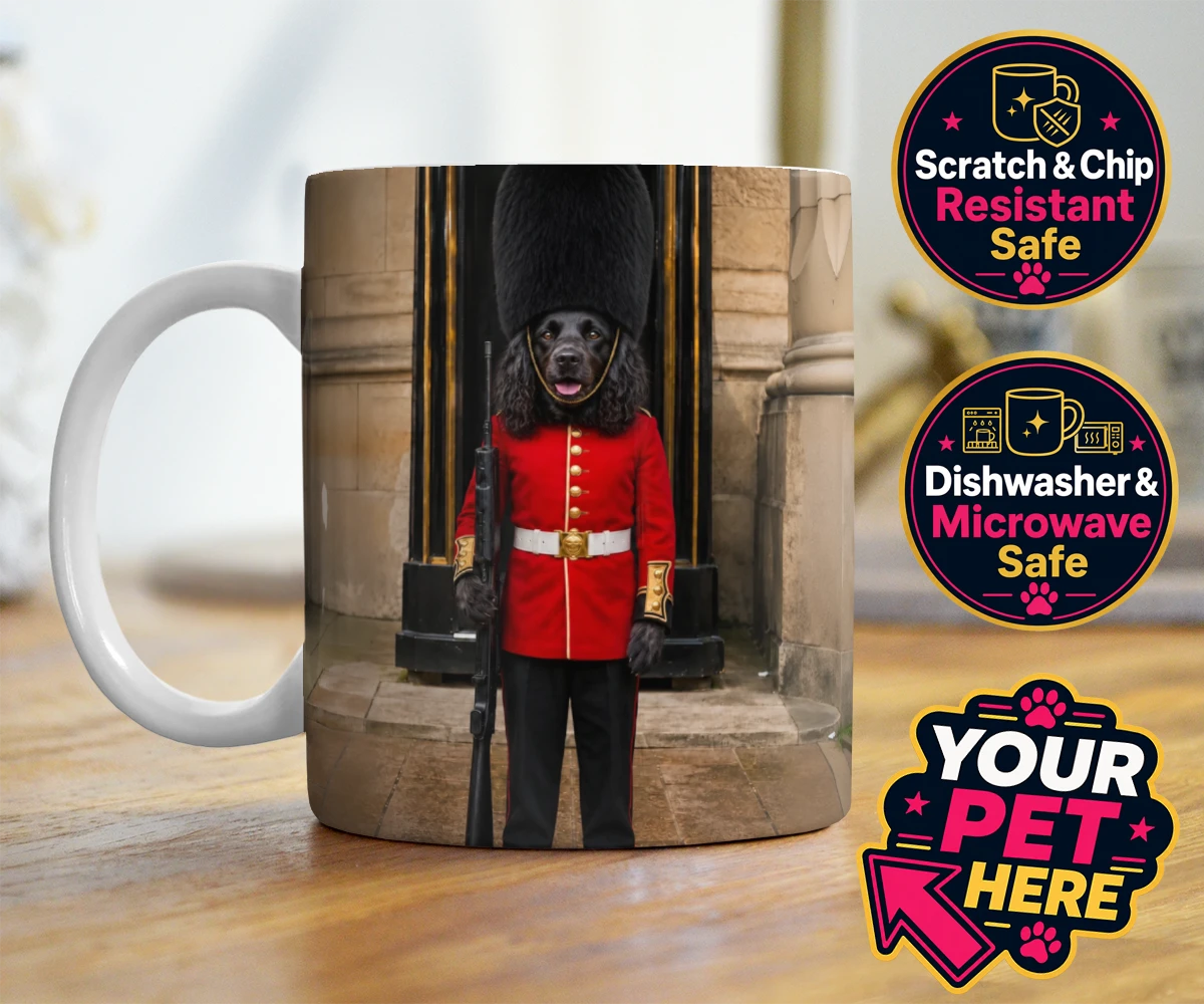 Personalised The Royal Paw Guard dog photo mugs featuring meet The Royal Paw Guard, a delightful portrait that perfectly capture