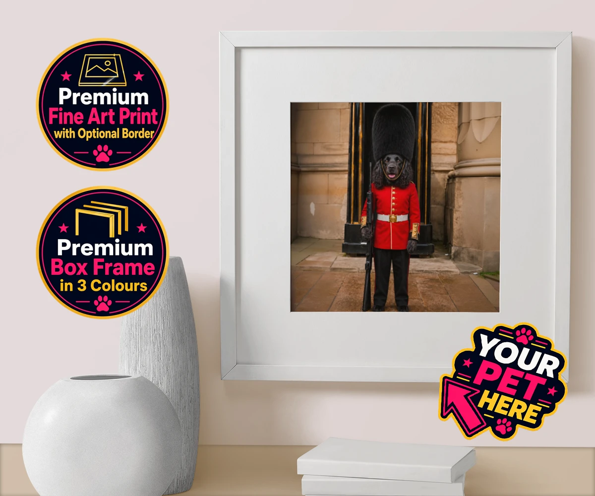 Personalised The Royal Paw Guard dog box framed print featuring meet The Royal Paw Guard, a delightful portrait that perfectly capture