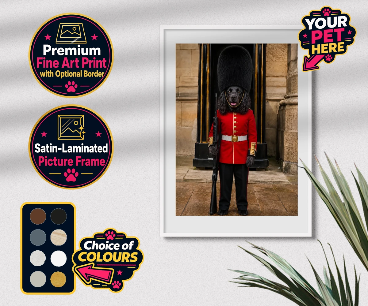 Personalised The Royal Paw Guard dog premium framed print featuring meet The Royal Paw Guard, a delightful portrait that perfectly capture
