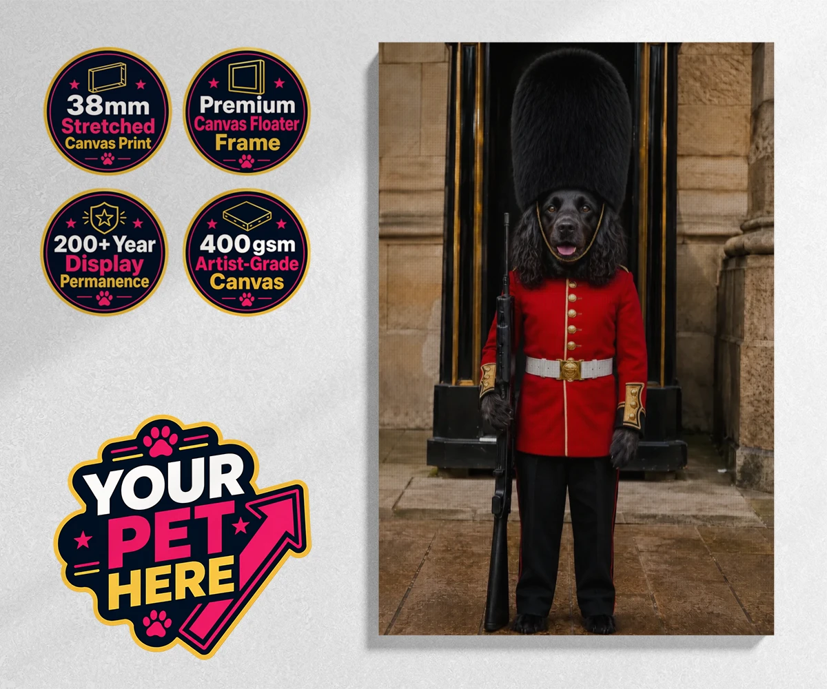 Personalised The Royal Paw Guard dog stretched canvas print featuring meet The Royal Paw Guard, a delightful portrait that perfectly capture