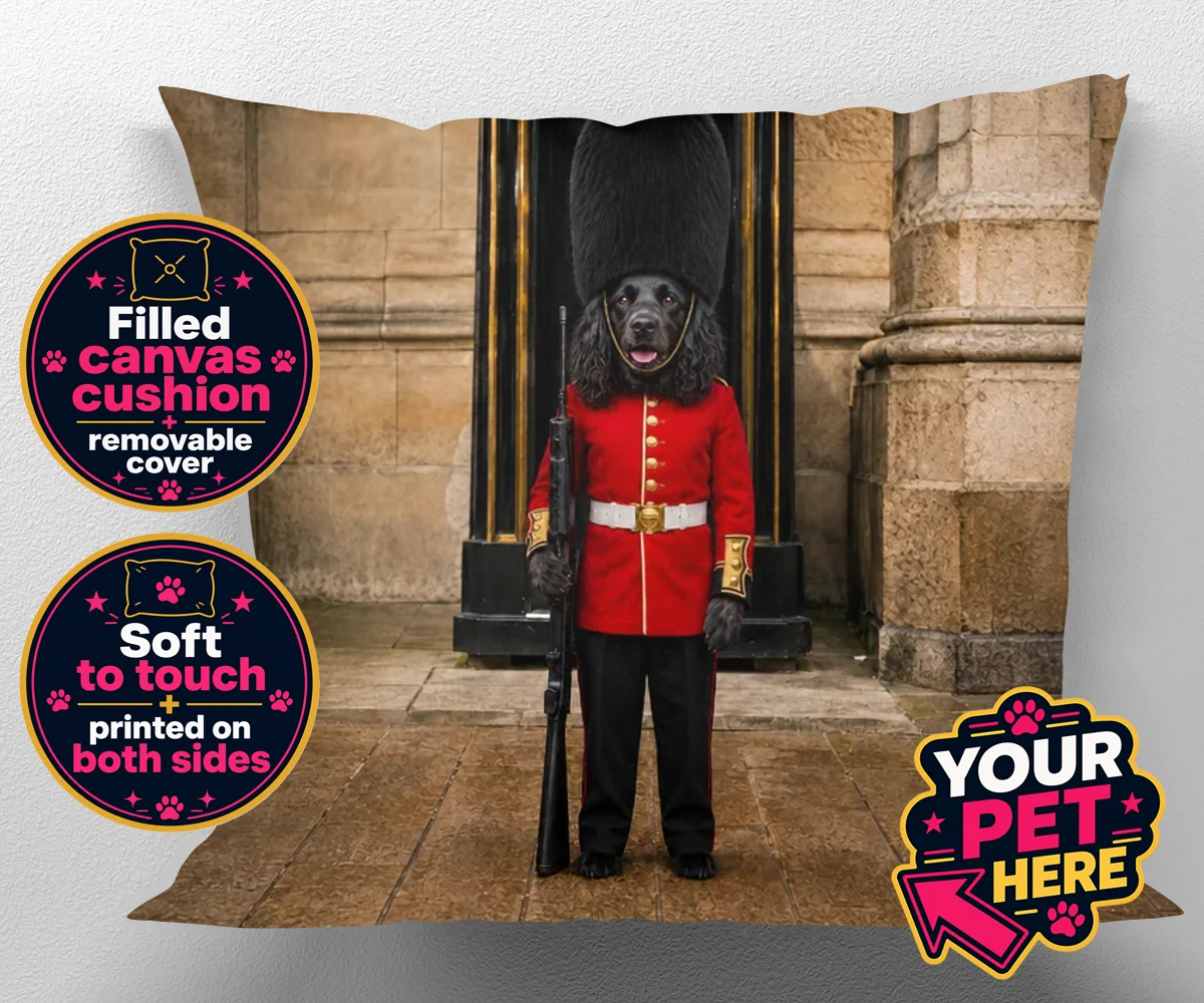 Personalised The Royal Paw Guard dog canvas cushions featuring meet The Royal Paw Guard, a delightful portrait that perfectly capture