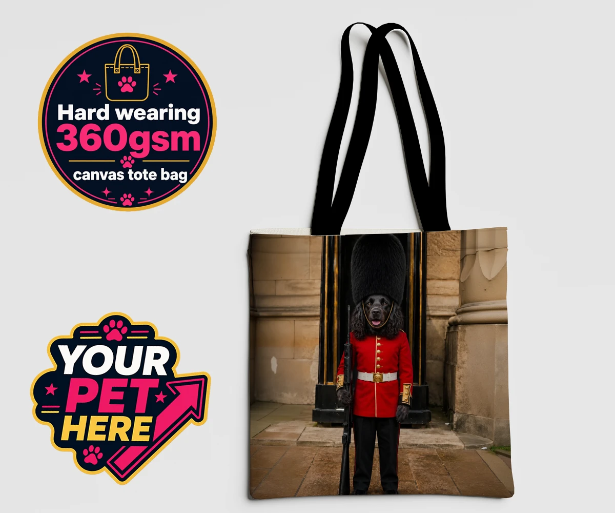 Personalised The Royal Paw Guard dog canvas tote bags featuring meet The Royal Paw Guard, a delightful portrait that perfectly capture