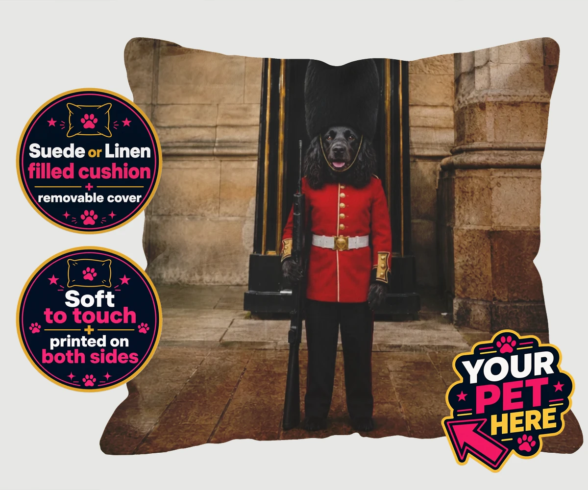 Personalised The Royal Paw Guard dog cushions featuring meet The Royal Paw Guard, a delightful portrait that perfectly capture